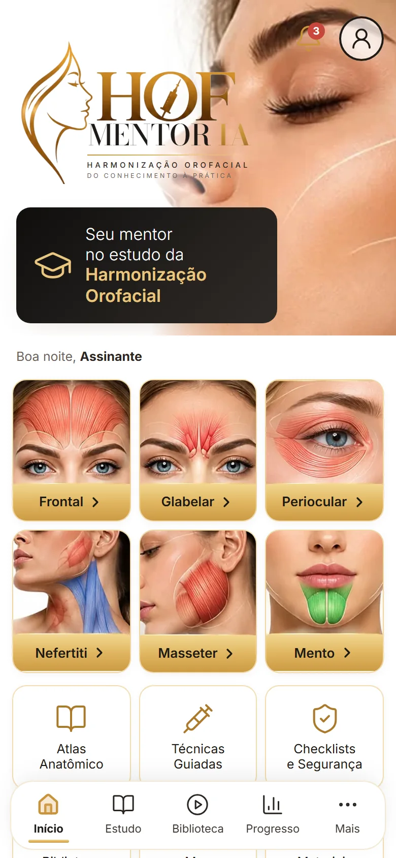 Tela inicial do aplicativo HOF Mentor IA com as regiões faciais